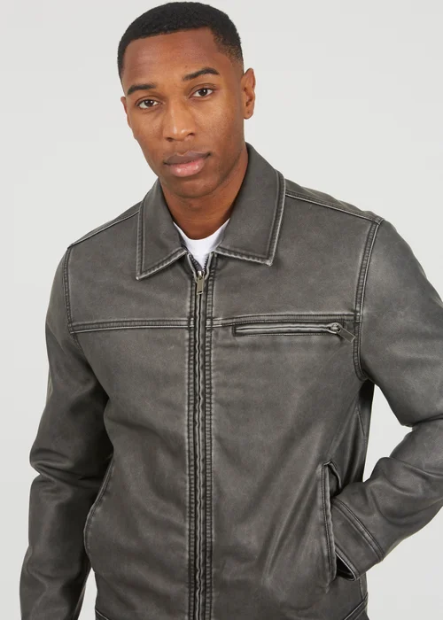 Brave Soul Black Zip Through Vintage PU Biker Jacket - S Image 3