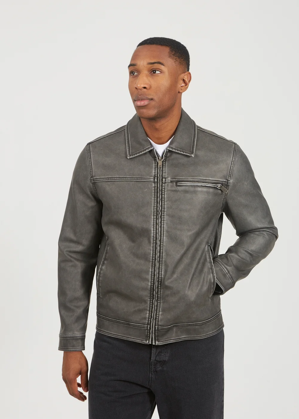 Brave Soul Black Zip Through Vintage PU Biker Jacket - S Image 1