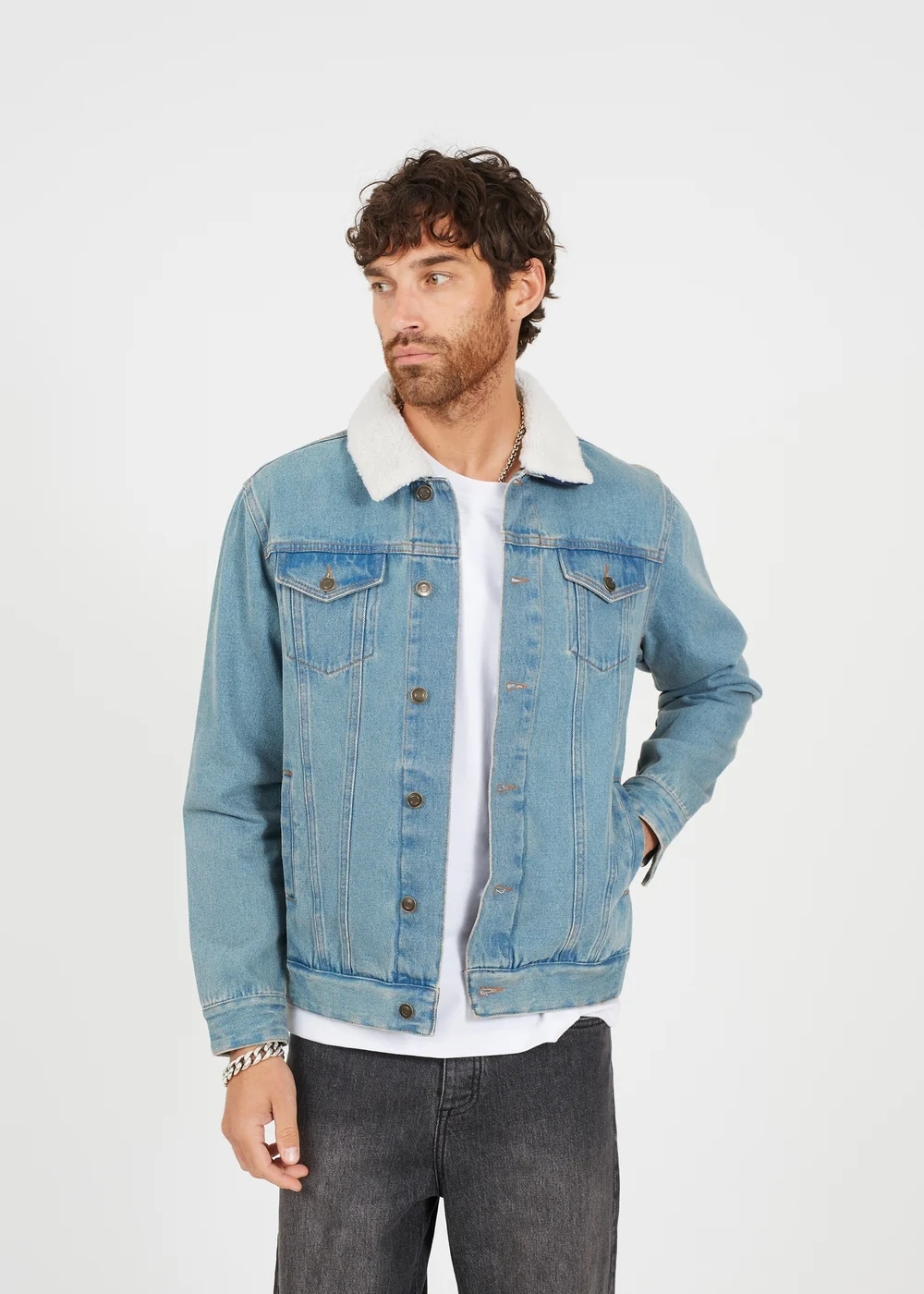 Brave Soul Light Blue Cotton Denim Jacket with Detachable Borg Collar - L Brave Soul Light Blue Cotton Denim Jacket with Detachable Borg Collar - L