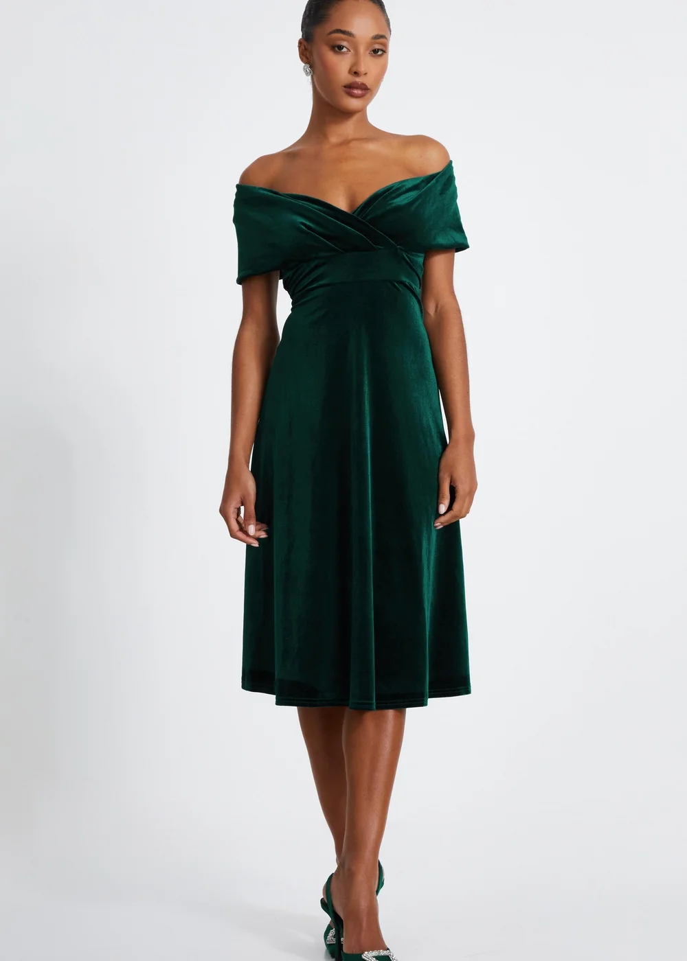 Quiz Green Velvet Bardot Midi Dress - 14 | Matalan Quiz Green Velvet Bardot Midi Dress - 14 | Matalan