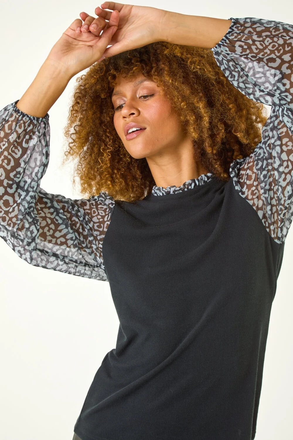Roman Black 2 In 1 Animal Print Mesh Sleeve Top - Size 16 Image 2