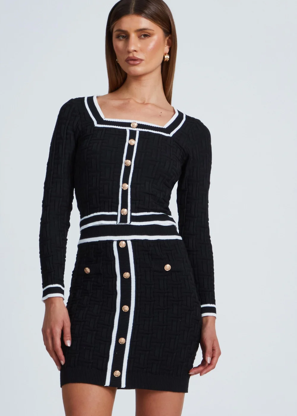 Quiz Black Knit Contrast Trim Skirt - Small Image 1