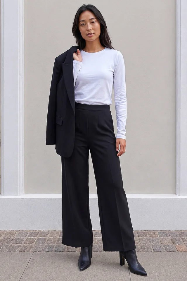 Roman Black Petite Wide Leg Ponte Stretch Trouser