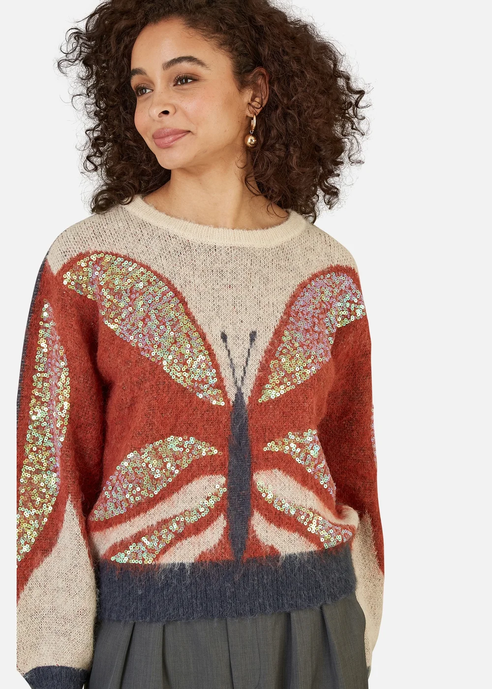 Yumi Brown Butterfly Sequin Knitted Jumper - S Image 2