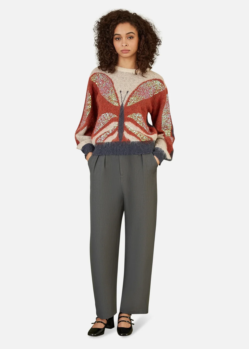 Yumi Brown Butterfly Sequin Knitted Jumper - S Image 1