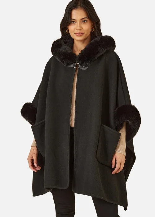 Yumi Black Cape With Luxe Fur Trim And Lining - M/L Image 2