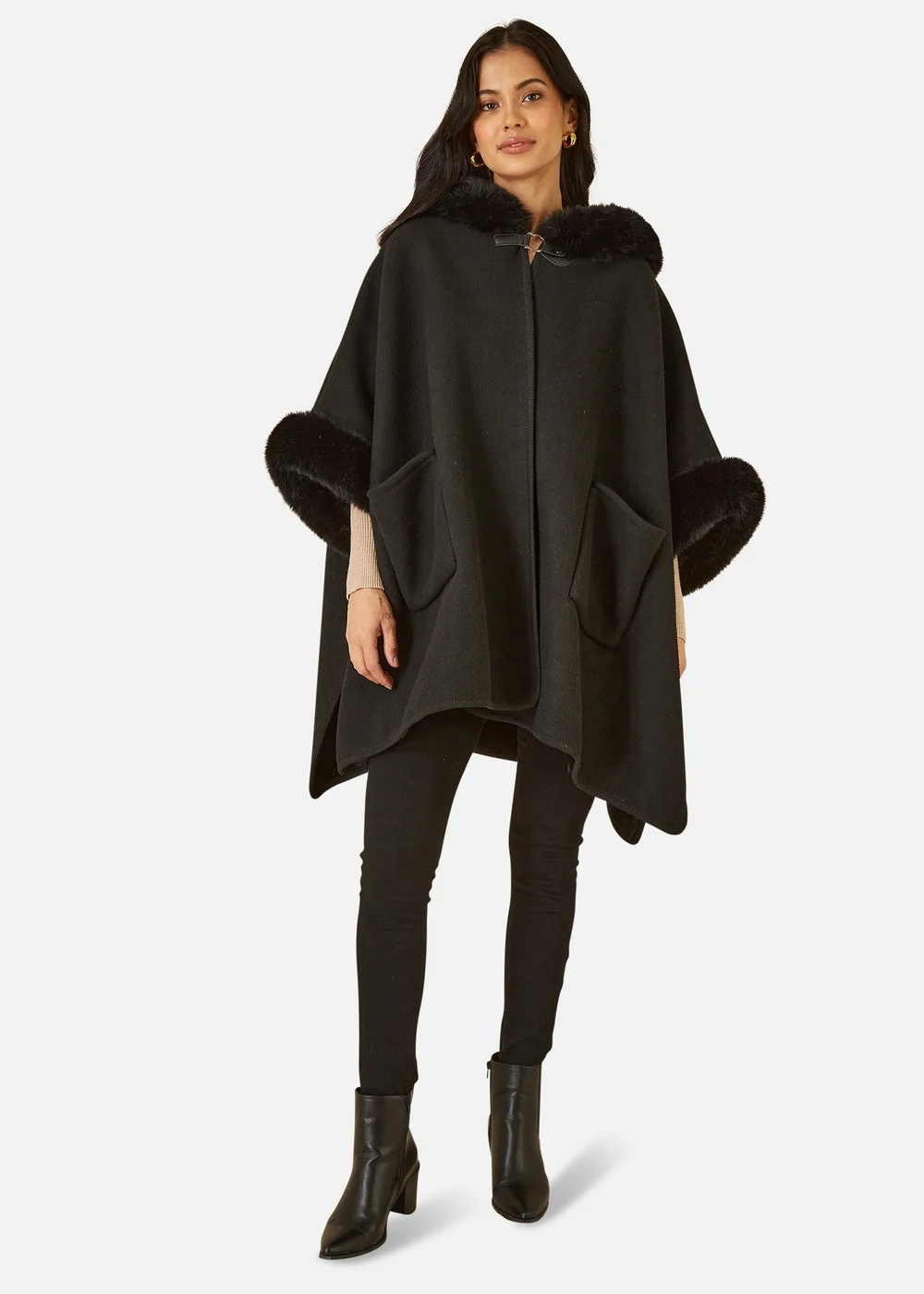 Yumi Black Cape With Luxe Fur Trim And Lining - M/L Image 1