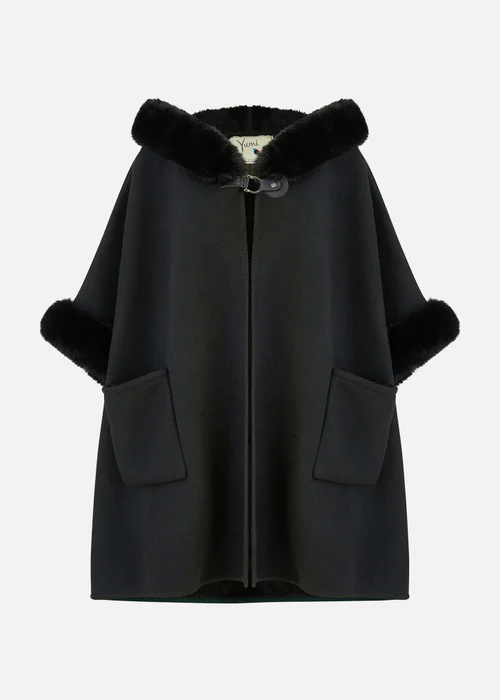 Yumi Black Cape With Luxe Fur Trim And Lining - M/L Image 3