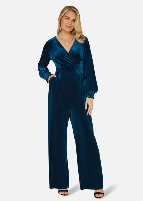 Yumi Teal Velvet Long sleeve Jumpsuit - 16 Image 1
