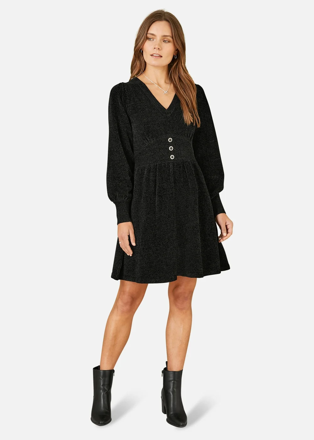 Yumi Black V Neck Empire Line Knitted Skater Dress - S Yumi Black V Neck Empire Line Knitted Skater Dress - S
