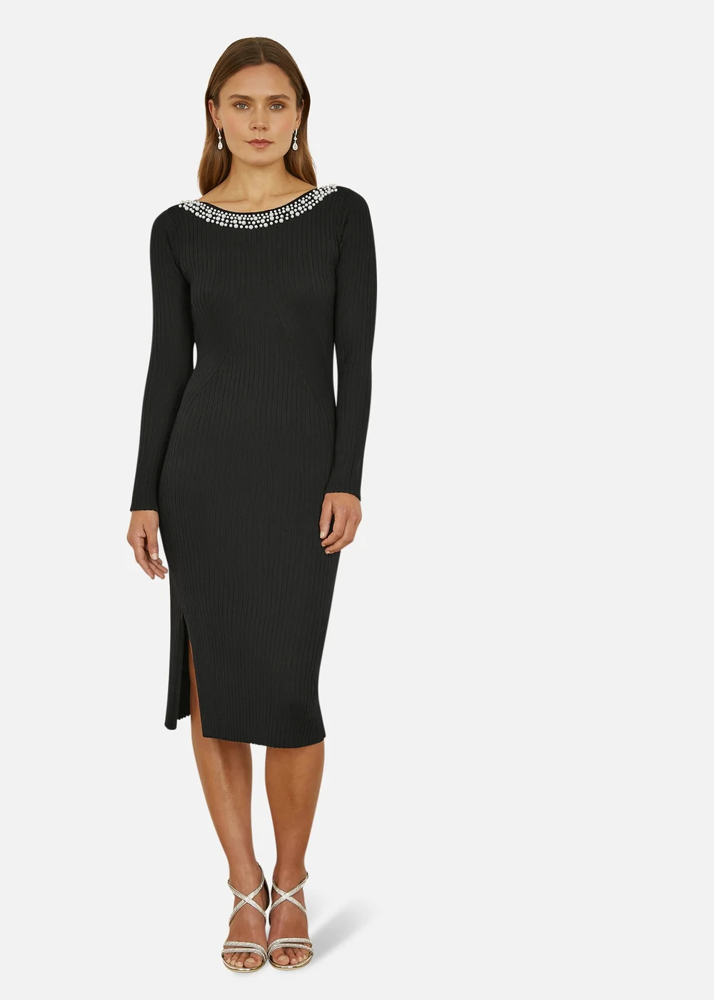 Yumi Black Pearl Neckline Fitted Midi Knitted Dress - S | Matalan Yumi Black Pearl Neckline Fitted Midi Knitted Dress - S | Matalan