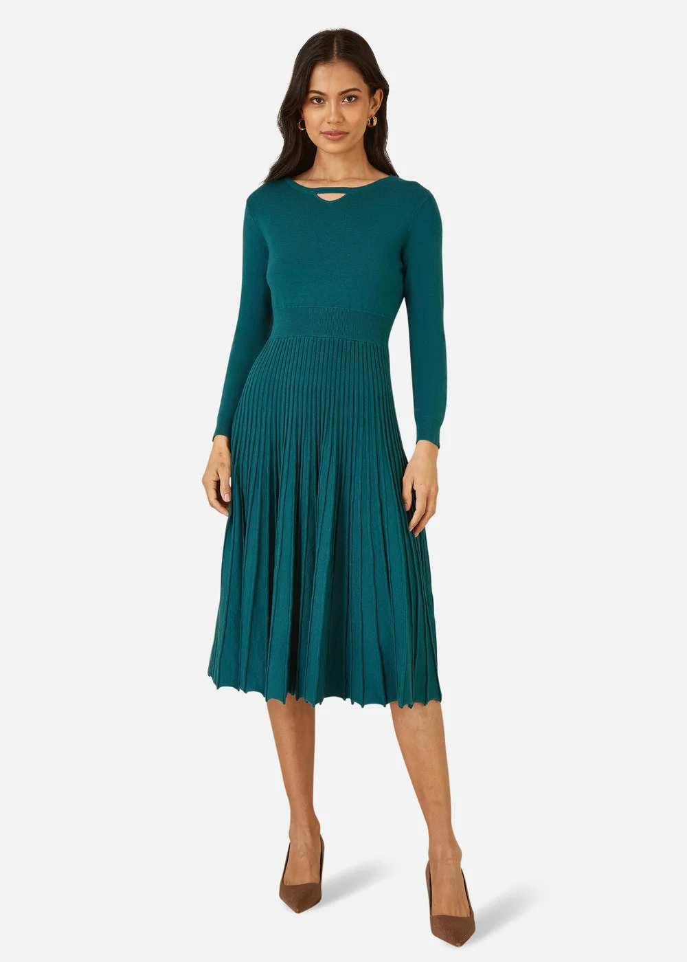 Yumi Teal Knitted Pleated Skater Dress With Notch Neckline - S | Matalan Yumi Teal Knitted Pleated Skater Dress With Notch Neckline - S | Matalan