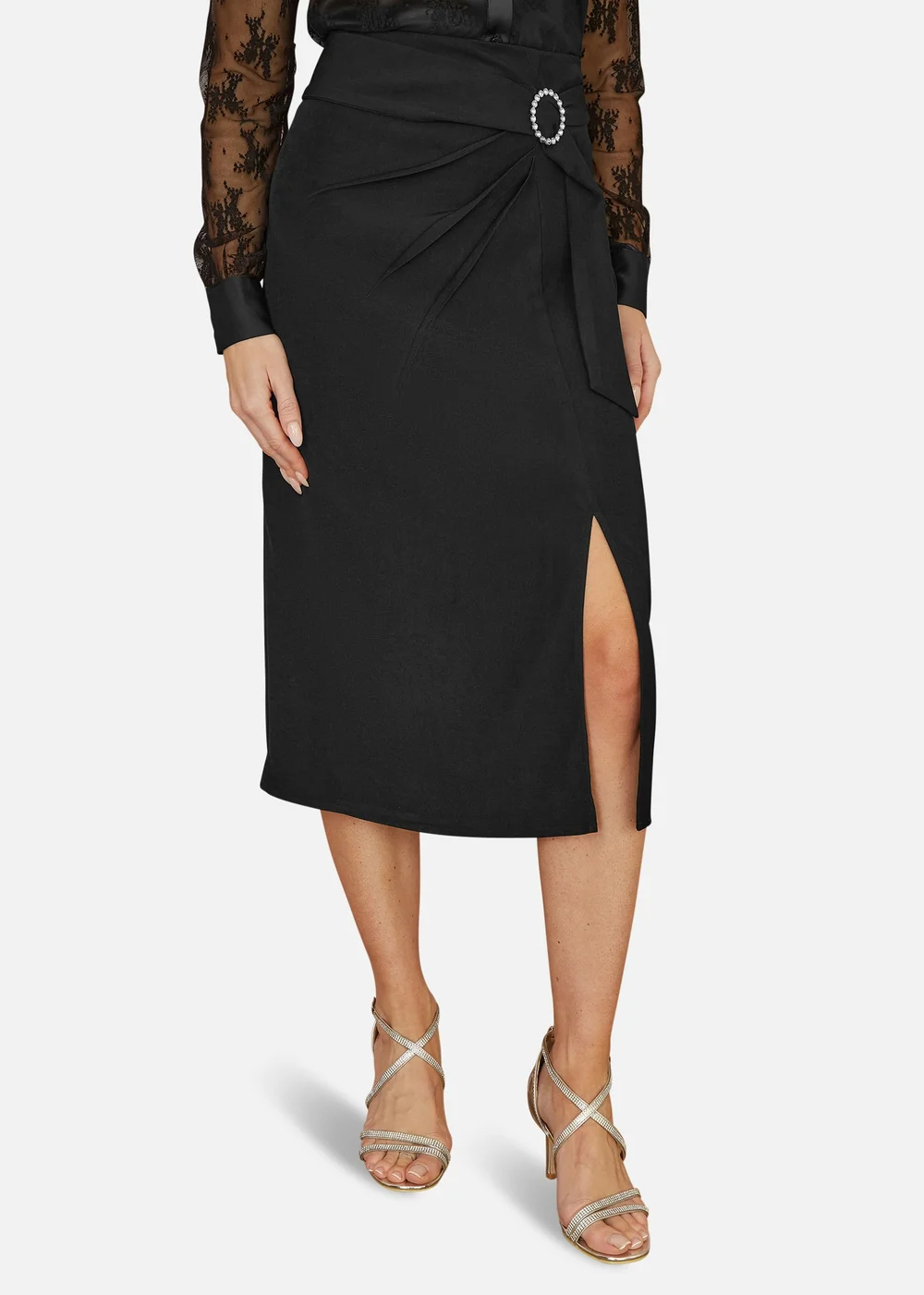 Yumi Black Diamante Buckle Faux Wrap Skirt With Split Hem - 8 Image 2