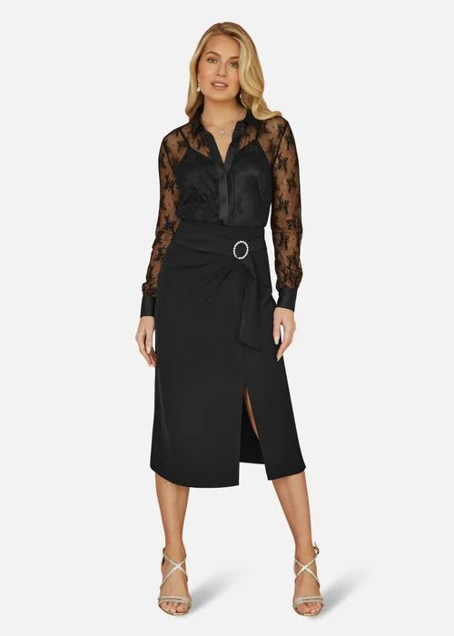 Yumi Black Diamante Buckle Faux Wrap Skirt With Split Hem - 8 Image 1