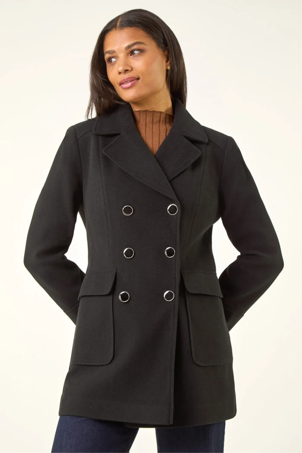 Roman Black Double Breasted Longline Coat - 16 Image 4