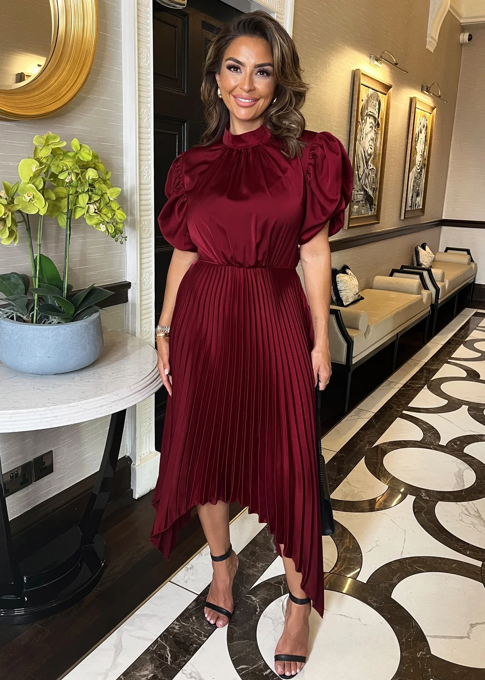 AX Paris Burgundy High Neck Puff Sleeve Zig Zag Hem Pleated Midi Dress - 8 | Matalan AX Paris Burgundy High Neck Puff Sleeve Zig Zag Hem Pleated Midi Dress - 8 | Matalan
