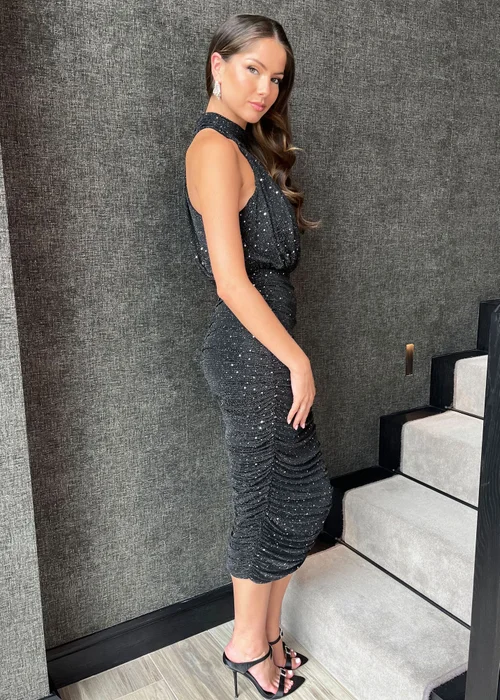 AX Paris Black Metallic Sparkle Halter Neck Ruched Midi Dress - 8 Image 3