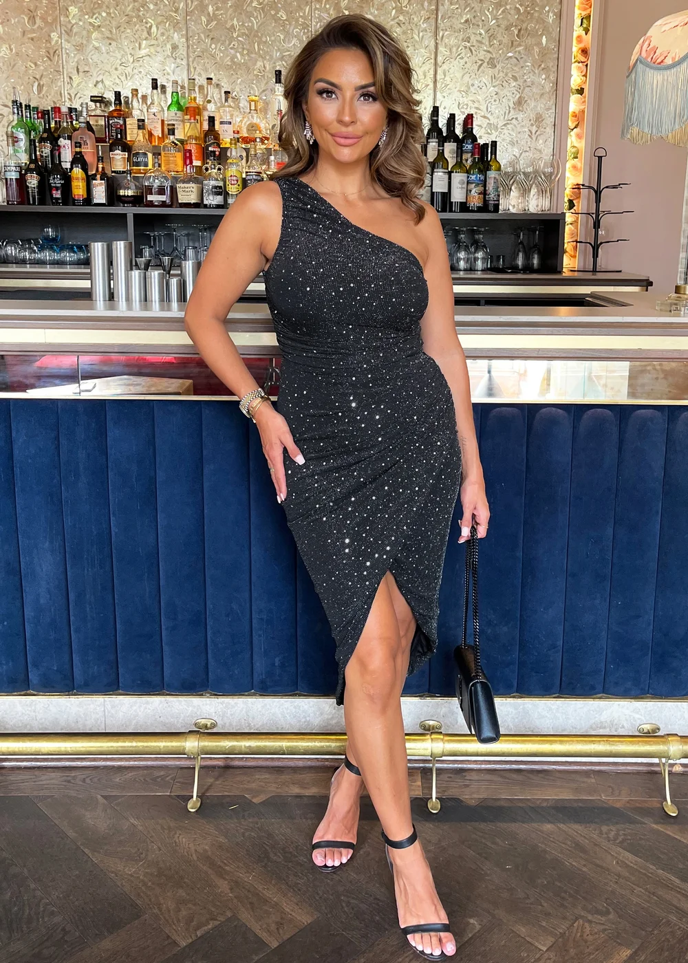 AX Paris Black Metallic Sparkle & Sequin One Shoulder Draped Wrap Skirt Midi Dress - 8 Image 1