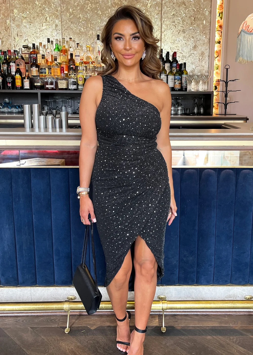 AX Paris Black Metallic Sparkle & Sequin One Shoulder Draped Wrap Skirt Midi Dress - 8 Image 4