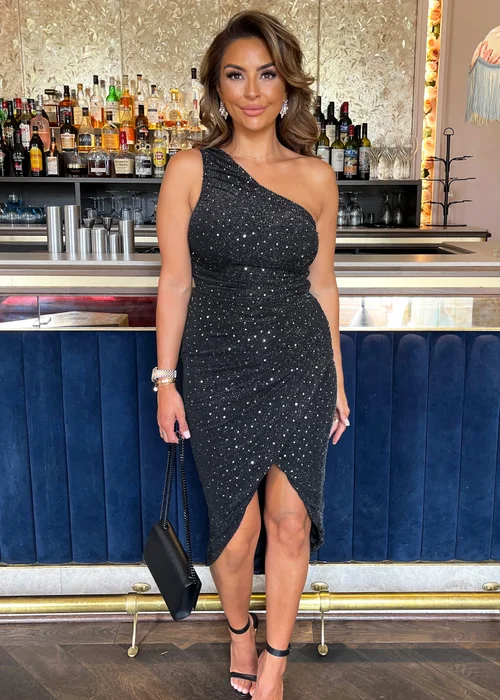 AX Paris Black Metallic Sparkle & Sequin One Shoulder Draped Wrap Skirt Midi Dress - 8 Image 4