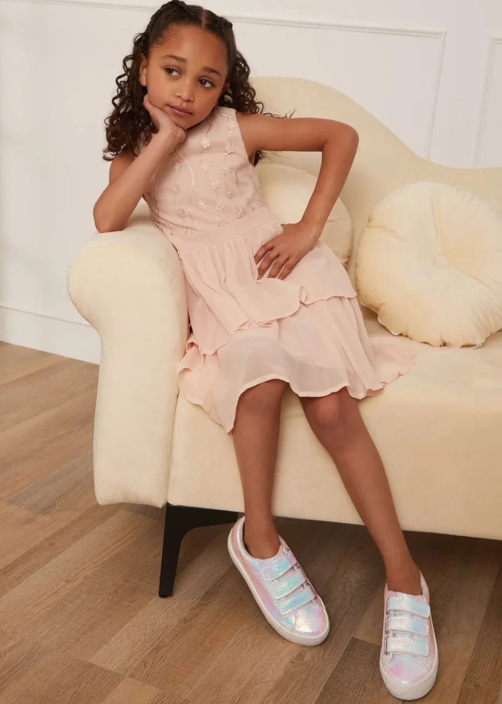 Chi Chi London Champagne Girls Embroidered Tiered Midi Dress (3-8 Years) - Age 3 Years Chi Chi London Champagne Girls Embroidered Tiered Midi Dress (3-8 Years) - Age 3 Years