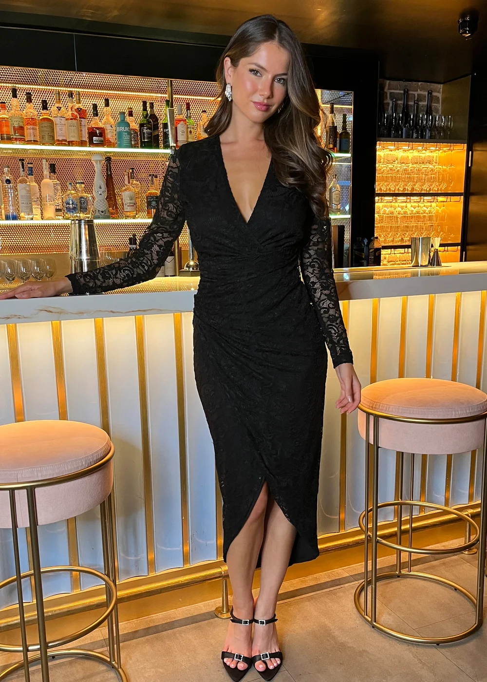 black lace midi dress long sleeve Farm Rio Black Lace Long Sleeve Midi Dress, Black / S