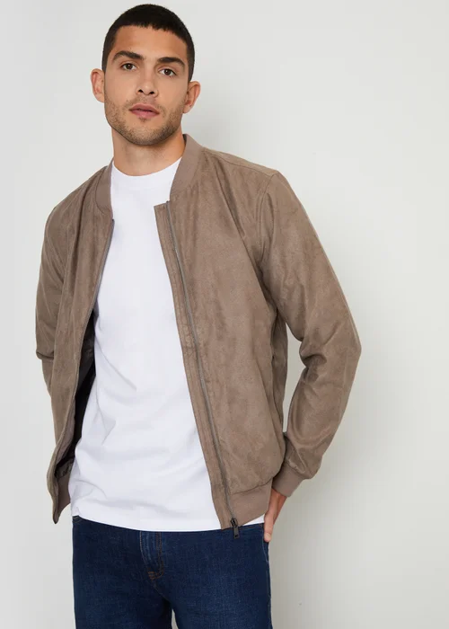 Threadbare Taupe Faux Suede Bomber Jacket - L Image 1