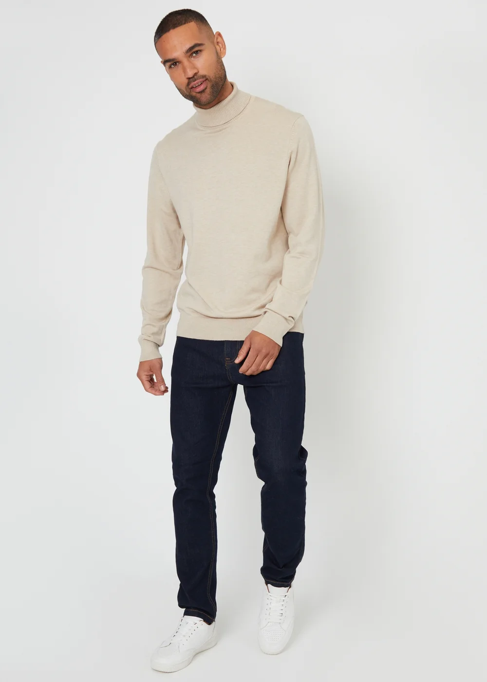 Threadbare Natural Knitted Roll Neck Jumper - Large Image 4