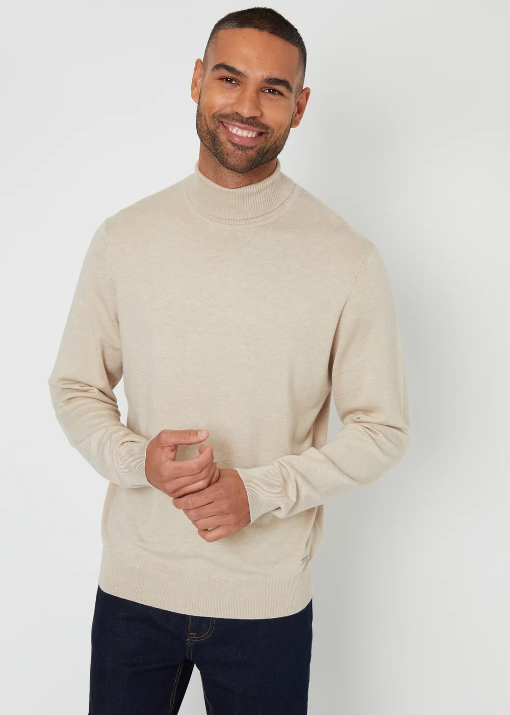Threadbare Natural Knitted Roll Neck Jumper - Large Image 1