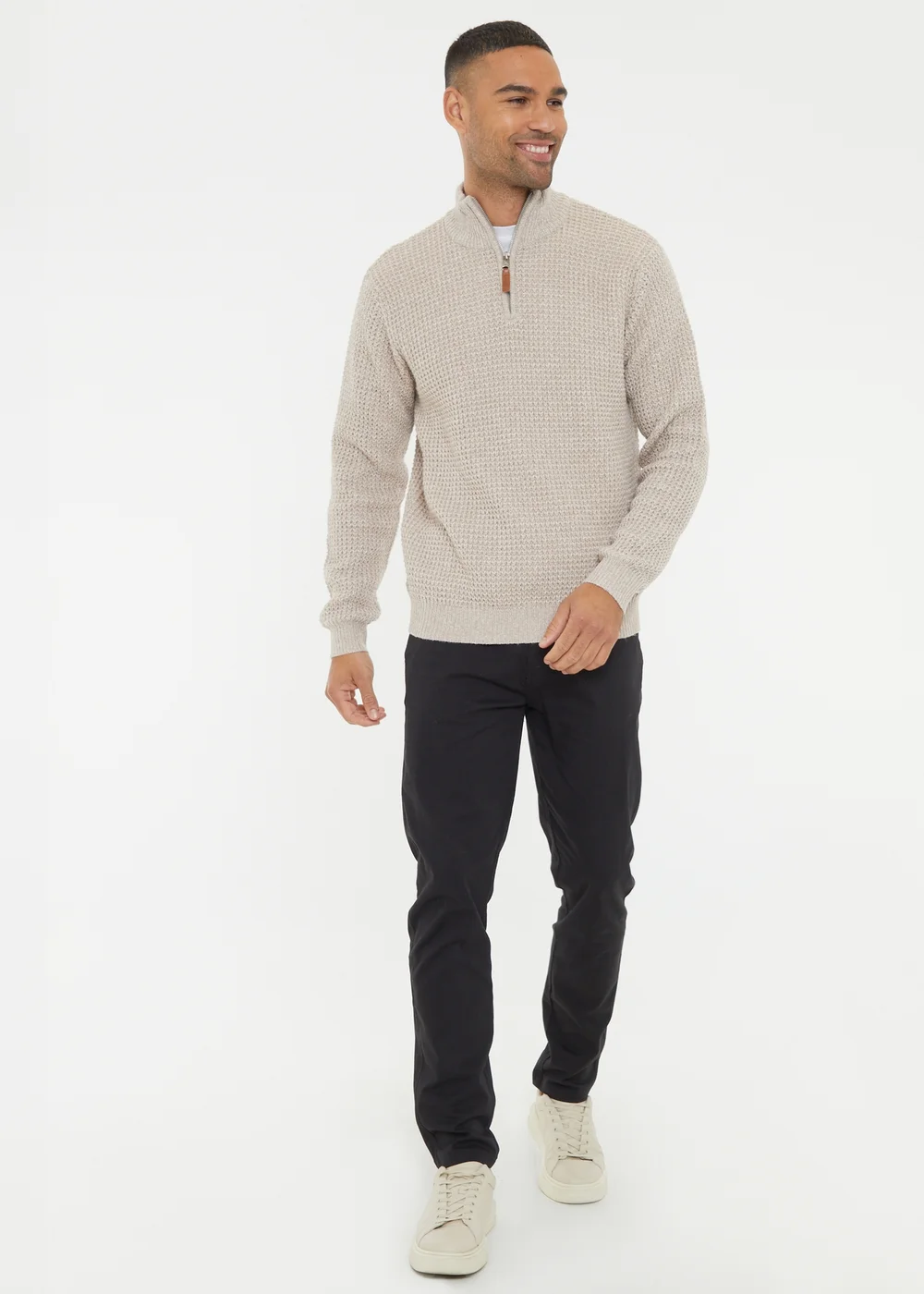 Threadbare Natural Waffle Knit Quarter Zip Jumper - Medium Image 4