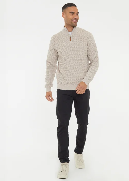 Threadbare Natural Waffle Knit Quarter Zip Jumper - Medium Image 4
