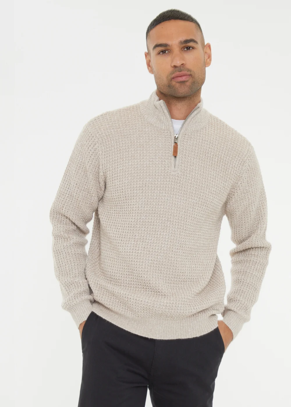 Threadbare Natural Waffle Knit Quarter Zip Jumper - Medium Image 1