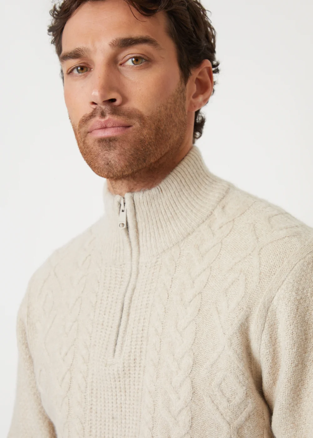 Threadbare Natural Cable Knit Detail Quarter Zip Jumper - S Image 3
