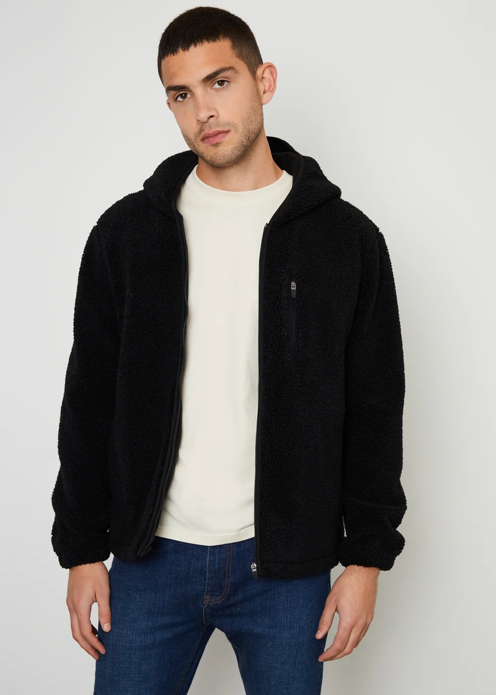 Threadbare Black Zip Through Borg Hoodie - S Image 1