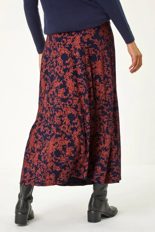 Roman Navy Foliage Floral Print Stretch Midi Skirt - Size 20 Image 4