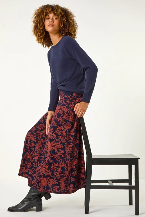 Roman Navy Foliage Floral Print Stretch Midi Skirt - Size 20 Image 2