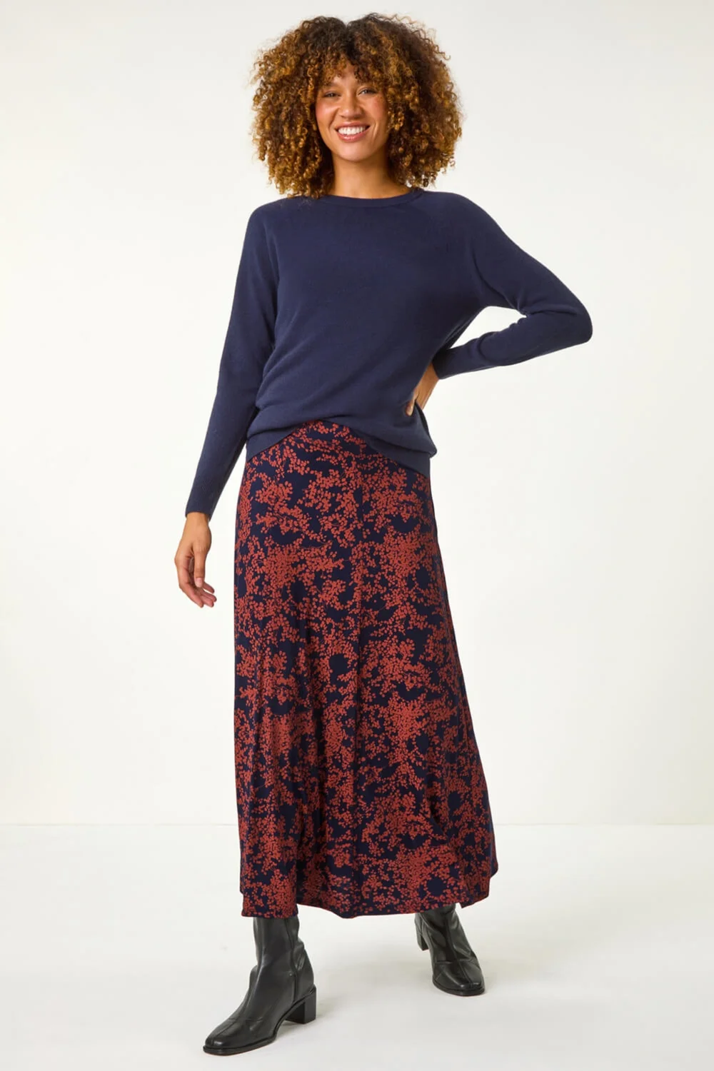 Roman Navy Foliage Floral Print Stretch Midi Skirt - Size 20 Image 3