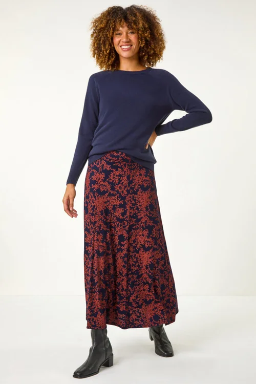 Roman Navy Foliage Floral Print Stretch Midi Skirt - Size 20 Image 3