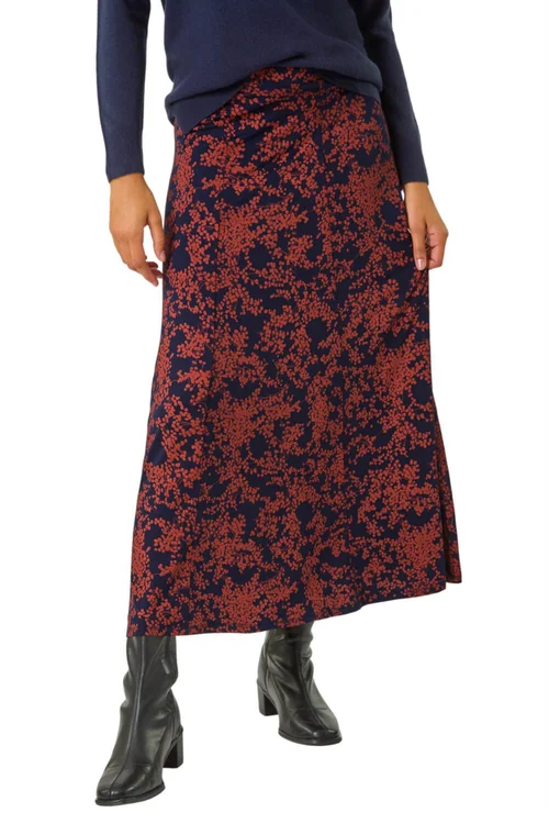 Roman Navy Foliage Floral Print Stretch Midi Skirt - Size 20 Image 1