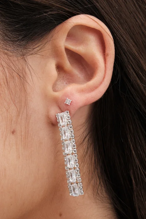 Jon Richard Silver Plated Crystal Baguette Linear Earrings - One Size Image 1