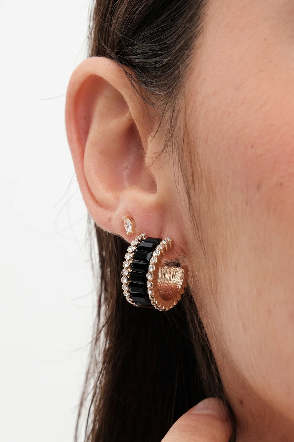 Jon Richard Gold Plated And Jet Baguette Stone Hoop Earrings - One Size Image 1