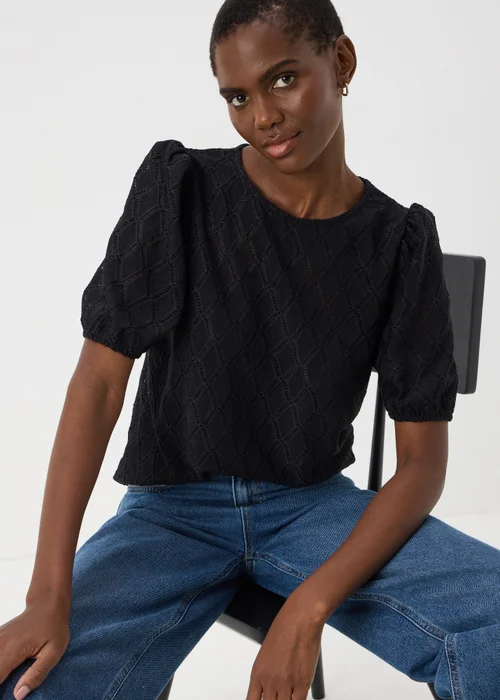 Black Textured Puff Sleeve Top - 8 Image 1
