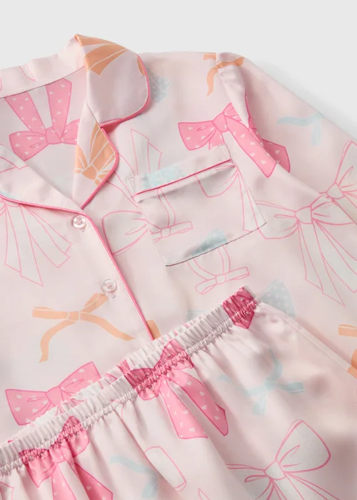 Girls Pink Bow Satin Button Up Pyjama Set (4-13yrs) - AGE 7 Image 2