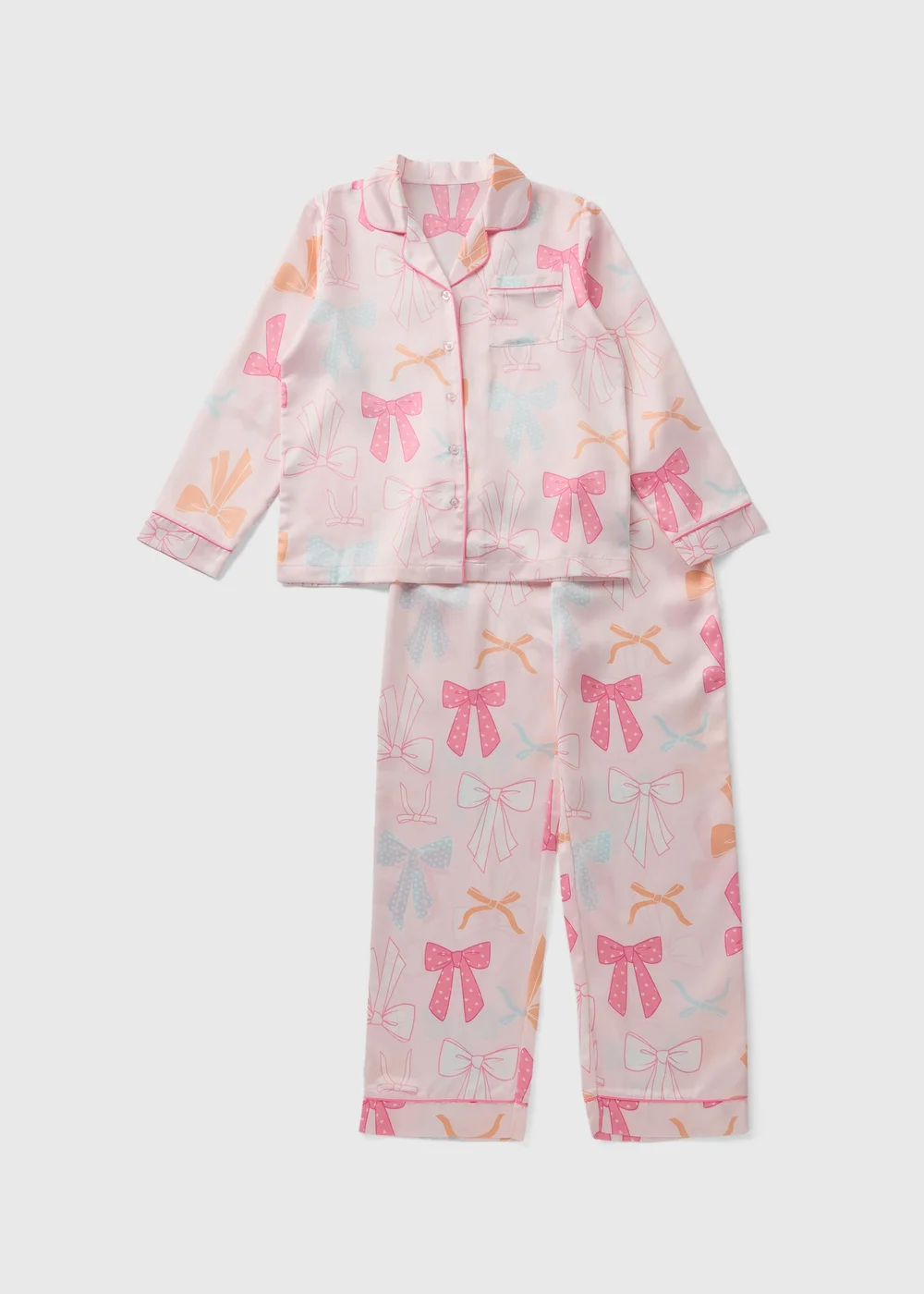 Girls Pink Bow Satin Button Up Pyjama Set (4-13yrs) - AGE 7 Image 1