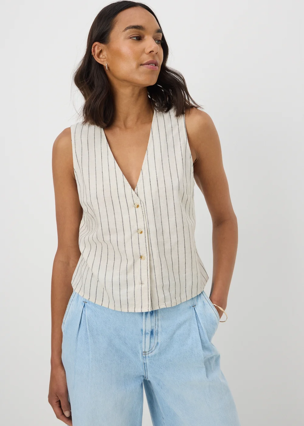 Stone Linen Blend Stripe Waistcoat - 8 Image 1