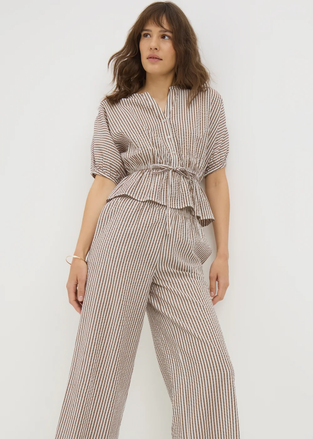 Brown Seersucker Stripe Co Ord Peplum Blouse - 8 Image 3