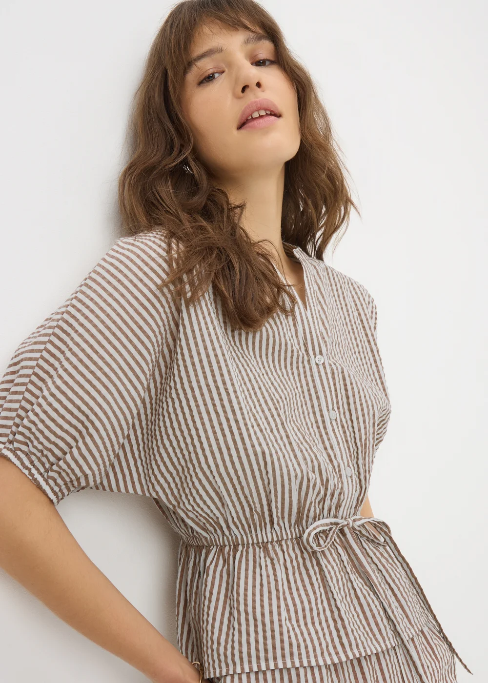 Brown Seersucker Stripe Co Ord Peplum Blouse - 8 Image 1