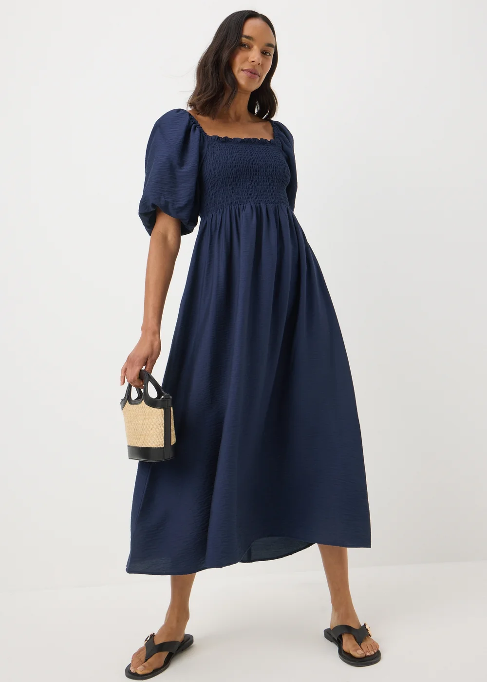 Navy Shirred Puff Sleeve Midi Dress - Size 8 Navy Shirred Puff Sleeve Midi Dress - Size 8