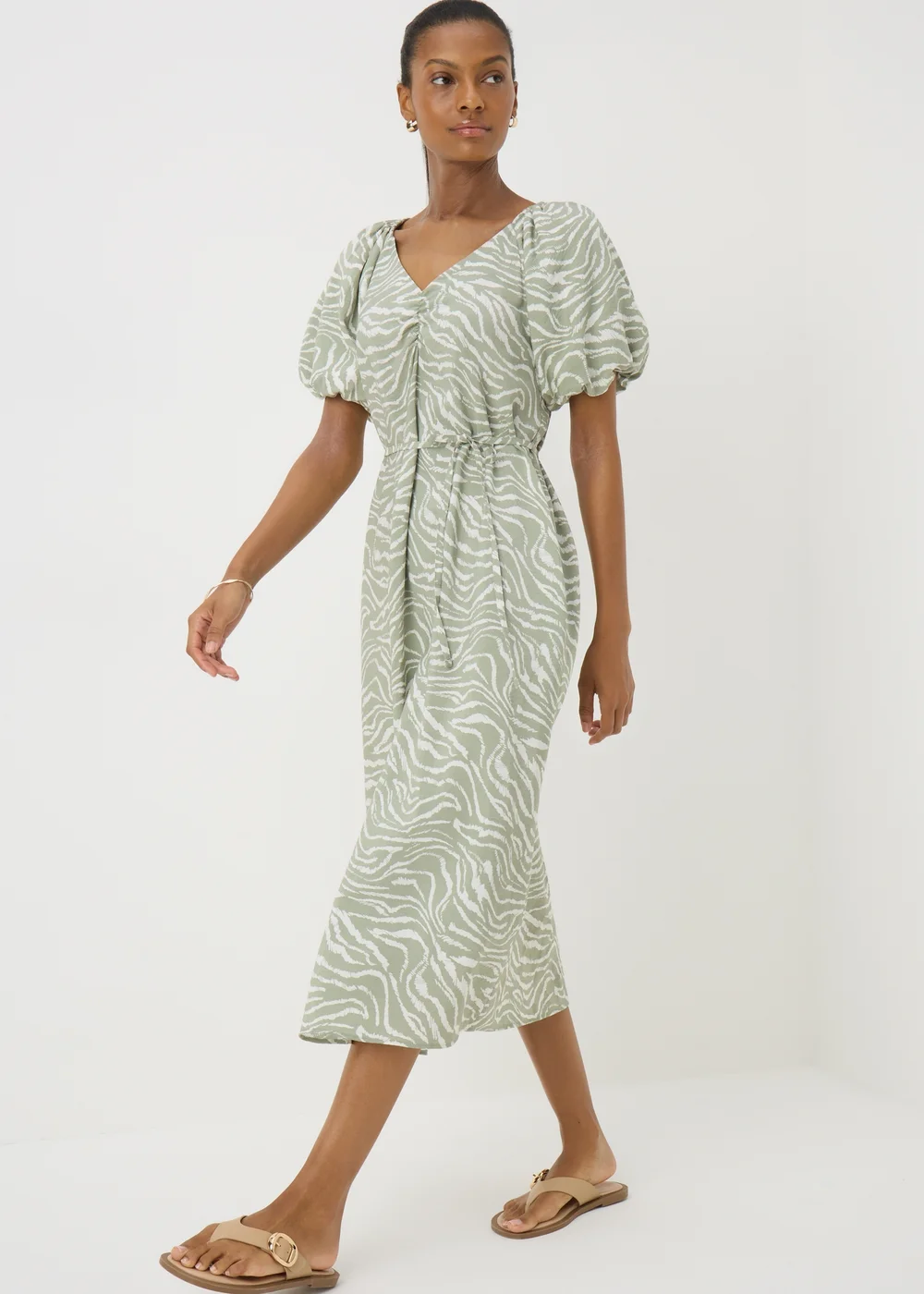 Sage Green Zebra Tie Waist Midi Dress - Size 8 | Matalan Sage Green Zebra Tie Waist Midi Dress - Size 8 | Matalan