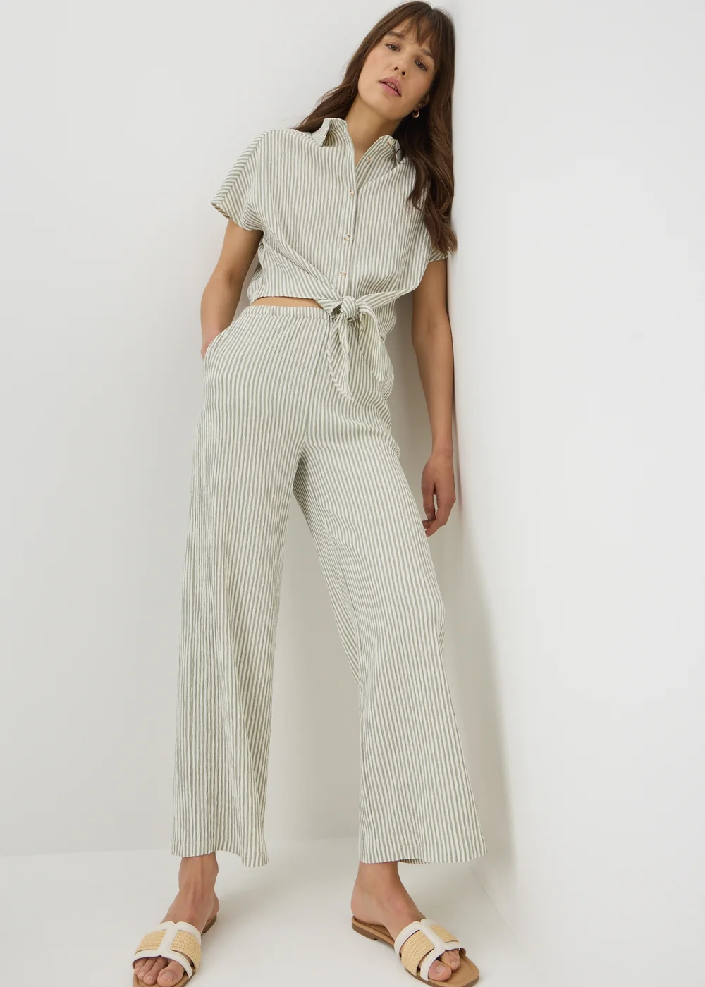 Sage Green Seersucker Stripe Wide Leg Trousers - 8/L29 Image 1